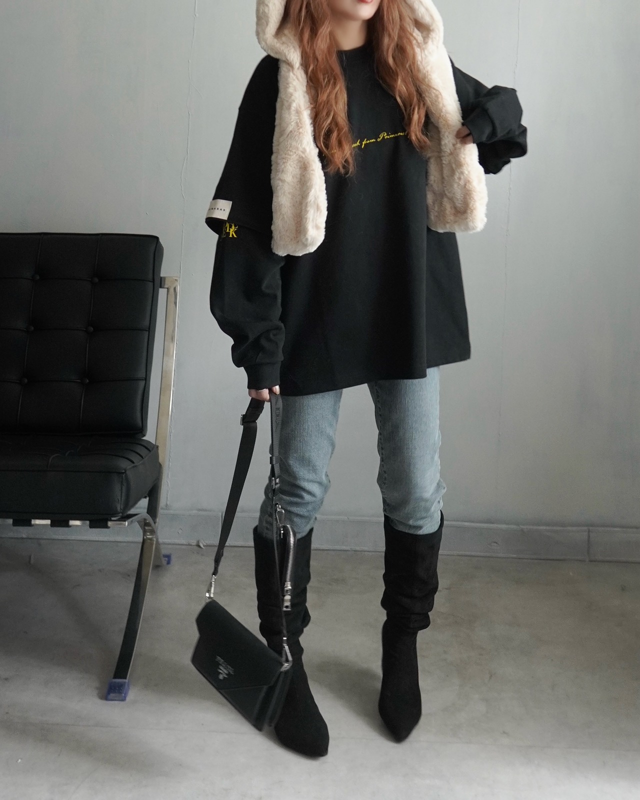 【HIDE AND SEEK 24-25NEW/REVAIVAL】Patch layered designロンTスウェット／ブラック