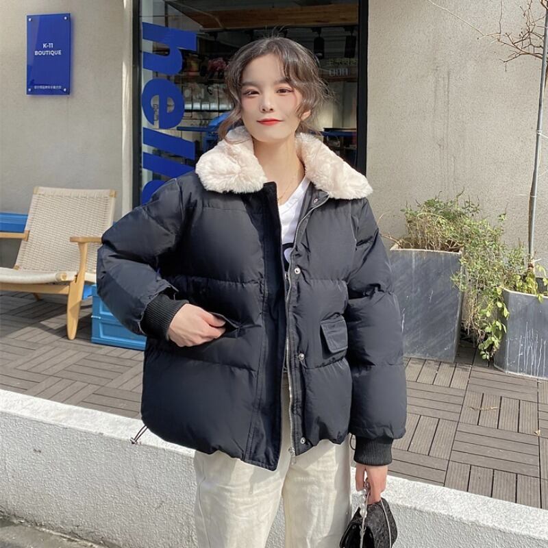 ファーカラーショートコート ブラックジャケット レディースウィンター コットン 冬物 萌量不足95775394175