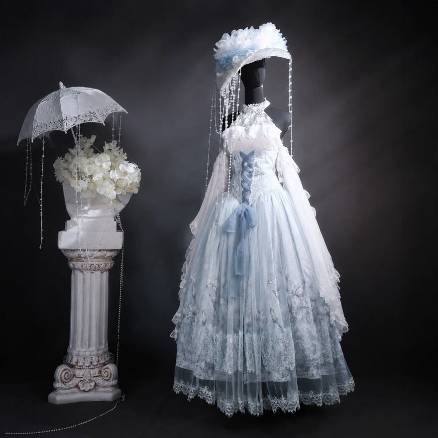 ロリータファッション 氷雨の花嫁 コルセット風ロングドレス3点セット