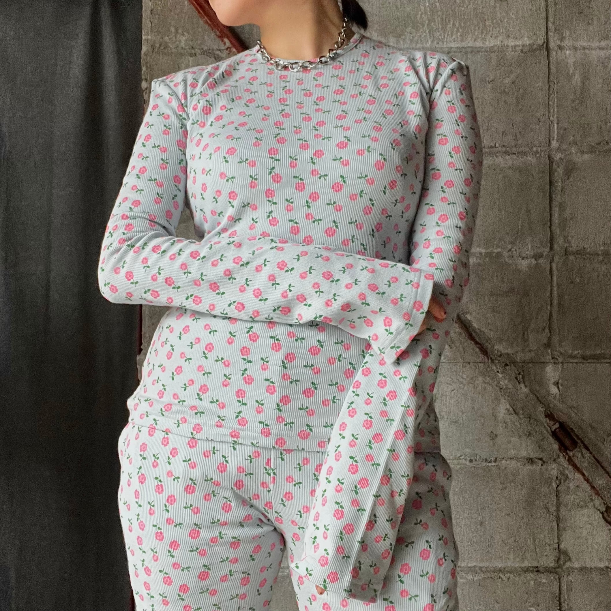 HOLIDAY】 super rib padded shoulder crew neck l/s tops (flower