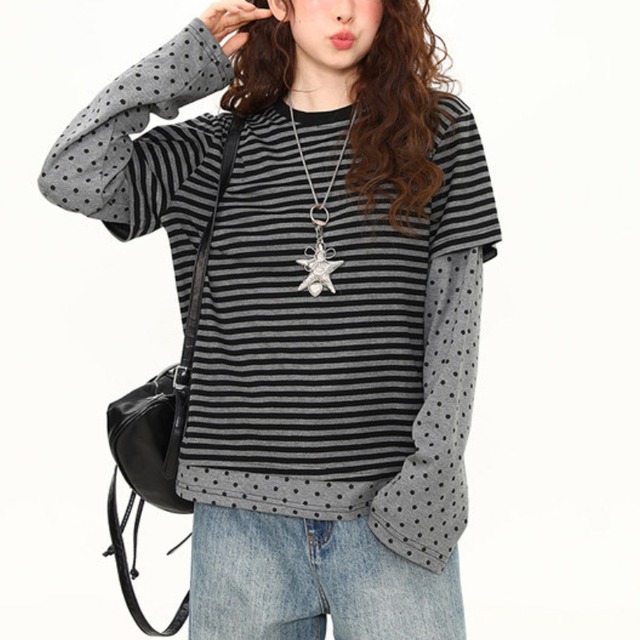 dot sleeve layered border long tee　ドットスリーブレイヤードボーダーロンティー　J1692