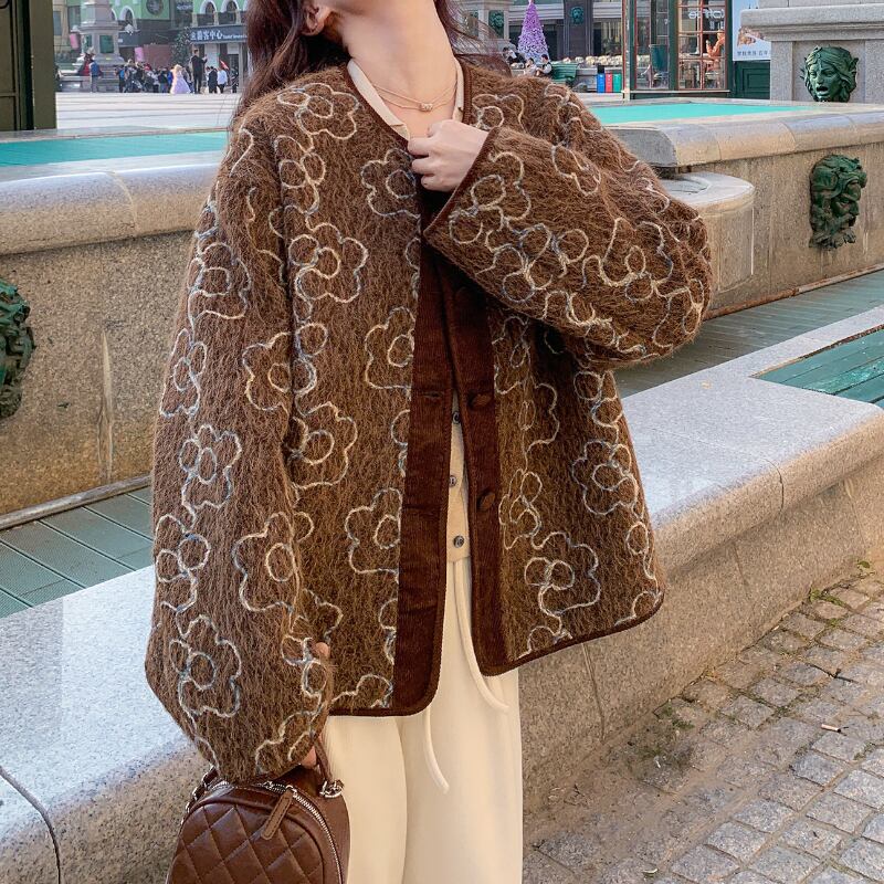 Mocha Shaggy Floral-Outline Collarless Jacket S0274