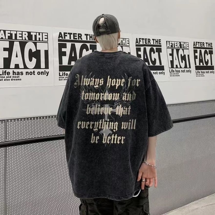 サブカル 服 地雷系 通販 メンズ Tシャツ ウォッシュドオールド ヒップホップ ダンス バックプリント クロス十字 オーバーサイズ ビッグシルエット カジュアル