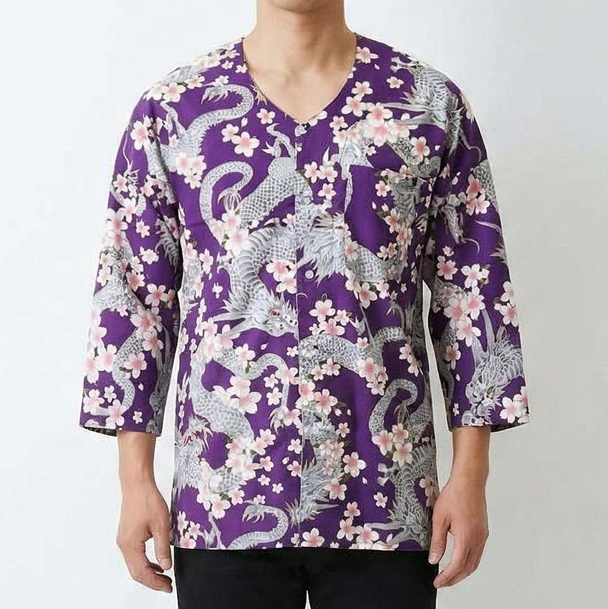 日本製 鯉口シャツ 龍 桜 紫 祭り 和柄 七分袖 LL 特大 ダボシャツ