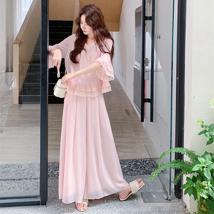 【set】レースドッキングブラウス×ワイドパンツセット M32564