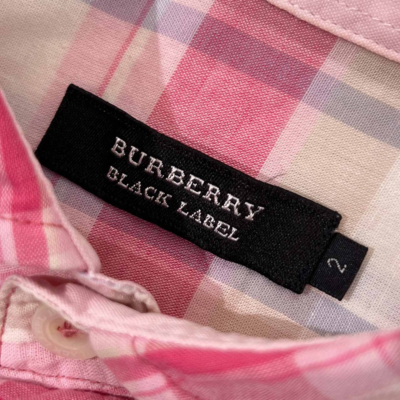 リネン混 BURBERRY BLACK LABEL バーバリー チェック ハーフボタン 7分袖 シャツ 2/ピンク系