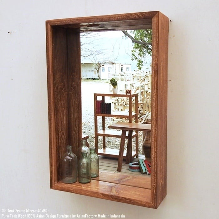 オールドチーク無垢材 箱型ミラー 60cm×40cm 奥行 12cm フレーム 棚 ボックス 壁掛け 化粧鏡 アジアン家具 古材 チーク材 木製フレーム ナチュラル シンプル エスニック 天然木 バリ家具 送料無料 ウォルナット マホガニーに並ぶ高級木材 業販 卸 スーパーセール