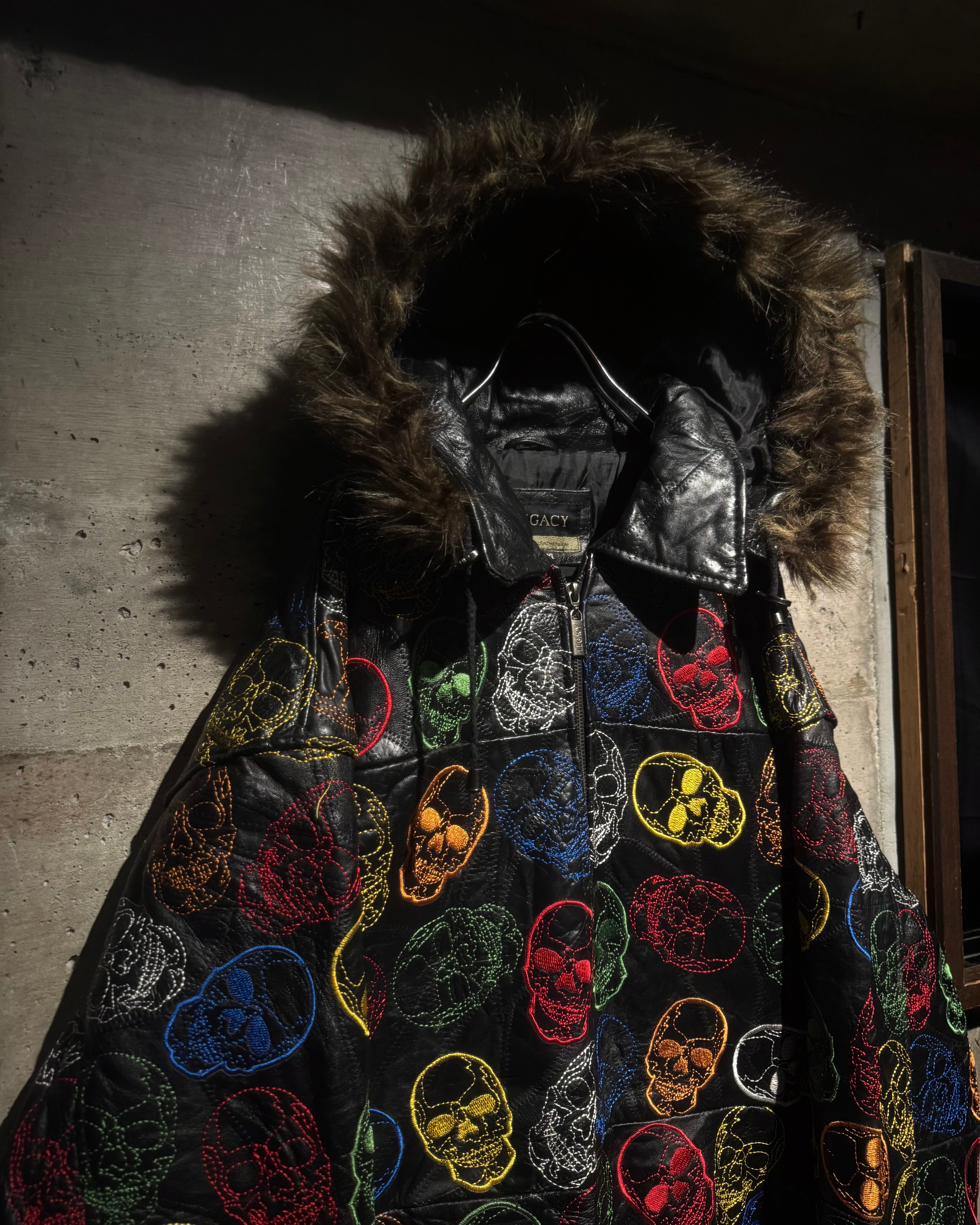 Caka】Skull Total Embroidery × Patchwork Hooded Leather Jacket