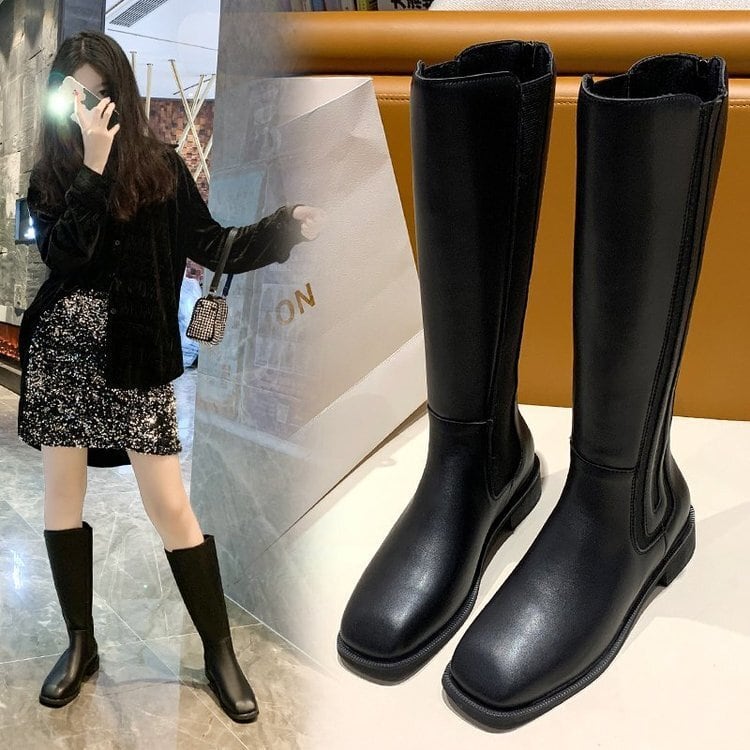 【新作】【送料無料】 ブーツ女性2020新しい秋のオールマッチバージョンの厚いヒールの乗馬ブーツロングバレルナイトブーツインネットレッド薄いブーツ-アリババ 靴 シューズ オータム 秋物 10b670750436320