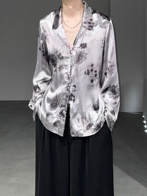 satin flower open collar loose shirt / gray