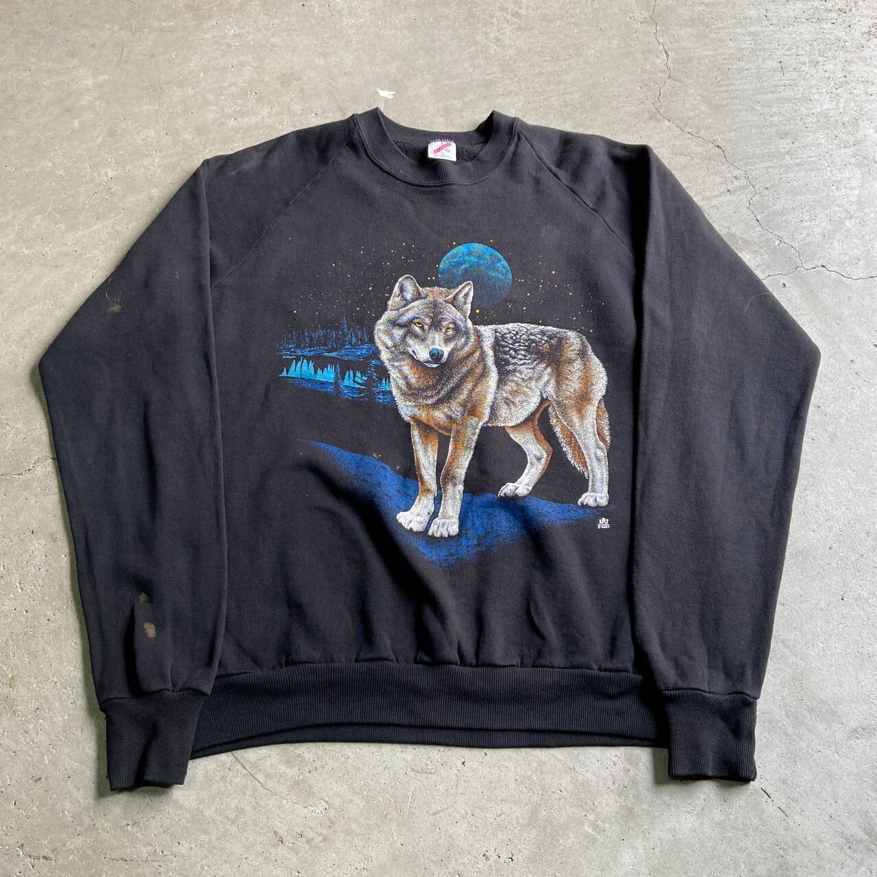 80年代 USA製 オオカミ アニマルプリントスウェットメンズXL 古着 80S 