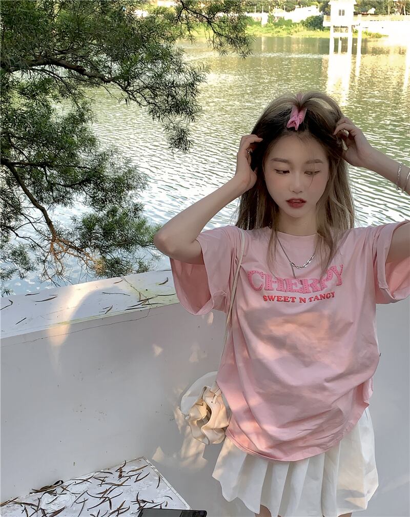 Tシャツレディース夏服ルーズNEW ピンク 大人ガーリー スウィート