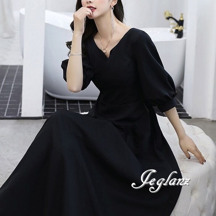 上品 パーティ イブニングドレス ブラックドレス シンプル派 5分袖 ♪ ( M8930)ζ