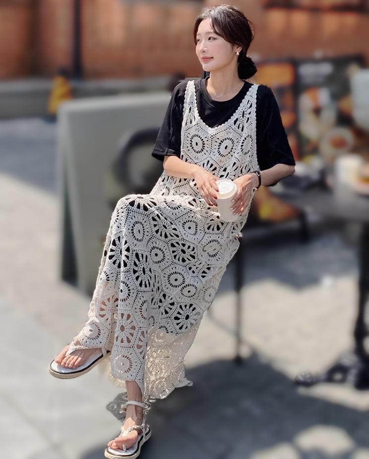 Self-Portrait☆お花かぎ針編みレースプリーツマキシワンピース S