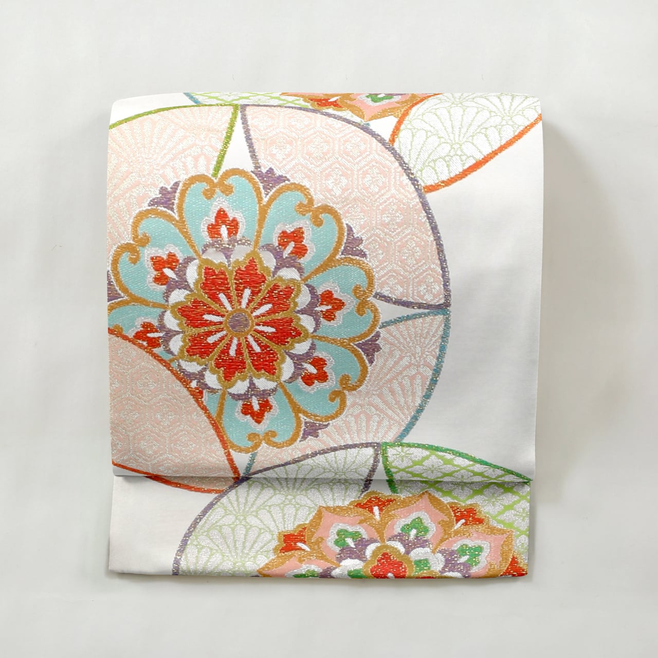 袋帯 菊の花模様 銀通し 乳白色 O-3967（袋帯 菊の花模様 銀通し  