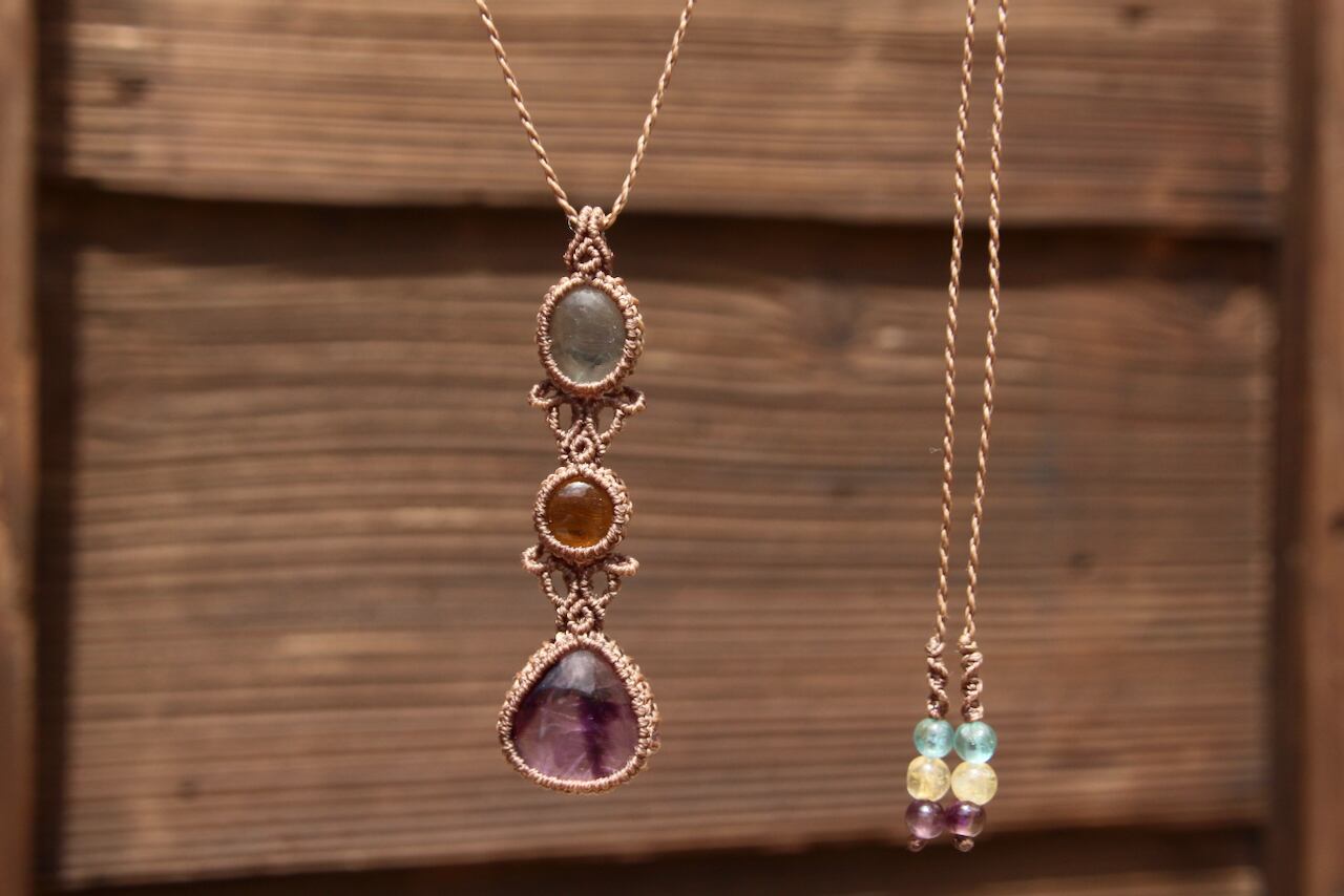 Trapiche amethyst & Green Fluorite & Citrin micro macrame pendant