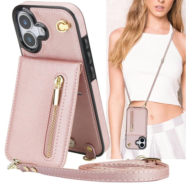 適用 iPhone 17 ケース 縦型 手帳型 ショルダー 【 Xungoujp CASE カード入れ 】 アイフォン17 スマホケース 肩がけ 首掛け いphone17 斜め掛け カバー チェーン ファスナー型 ストラップ付き ショルダーケース クロスボディケ 携帯カバー ピンク