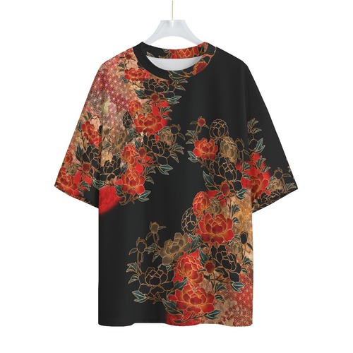 牡丹紋様装飾　黒　和柄ユニセックス ドロップショルダーTシャツ