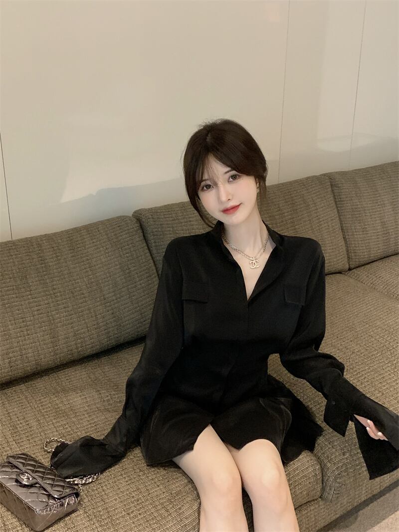 シャツ ドレス ブラックウェストショートスカート オータム ロング 秋物 YY-ファッション2916942068