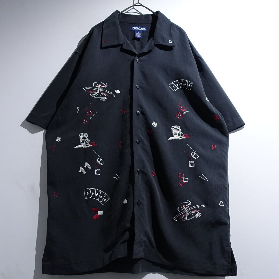 00s "CHEROKEE" Black Casino Embroidery Open Collar Shirt