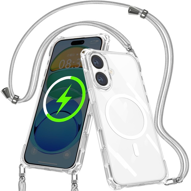 【kondiobon】 iPhone 17 ケース MagSafe対応 ストラップ付き(紐付き・ひも付き)クリアケース|ストラップホール付き|日本製900D高密度編みストラップ|両手が使える落下防止設計|買い物・旅行・散歩・ちょっとした外出に便利|置くだけでピタッと固定 上質デザイン(シルバー)