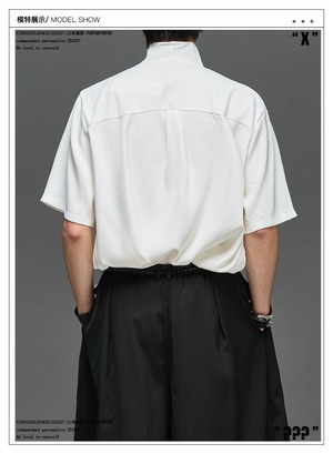RFDRFD アシンメトリードレープネック ルーズフィット 五分袖シャツ