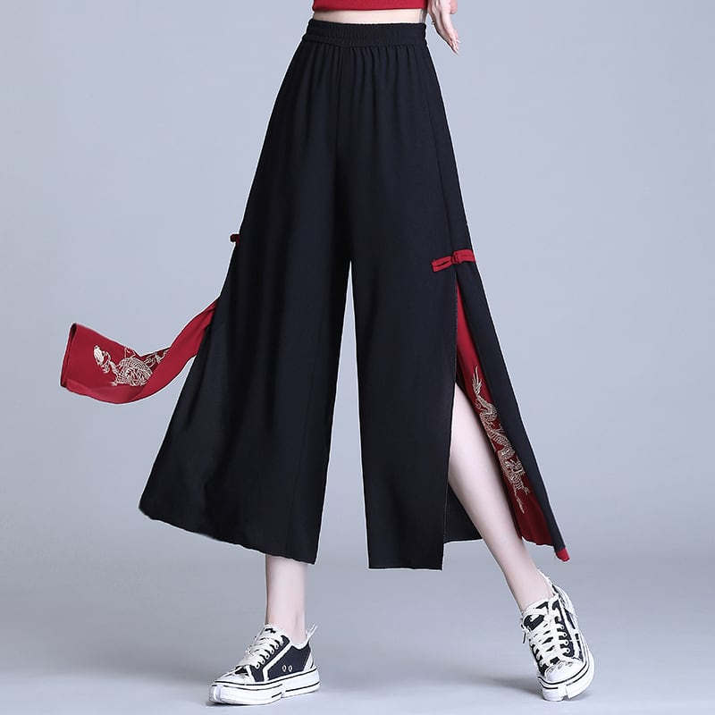 大人気 青丘シリーズ ガウチョパンツ チャイナ風ズボン 中華服 民族風 ボトムス 着痩せ 黒 赤 大きいサイズ Elegant
