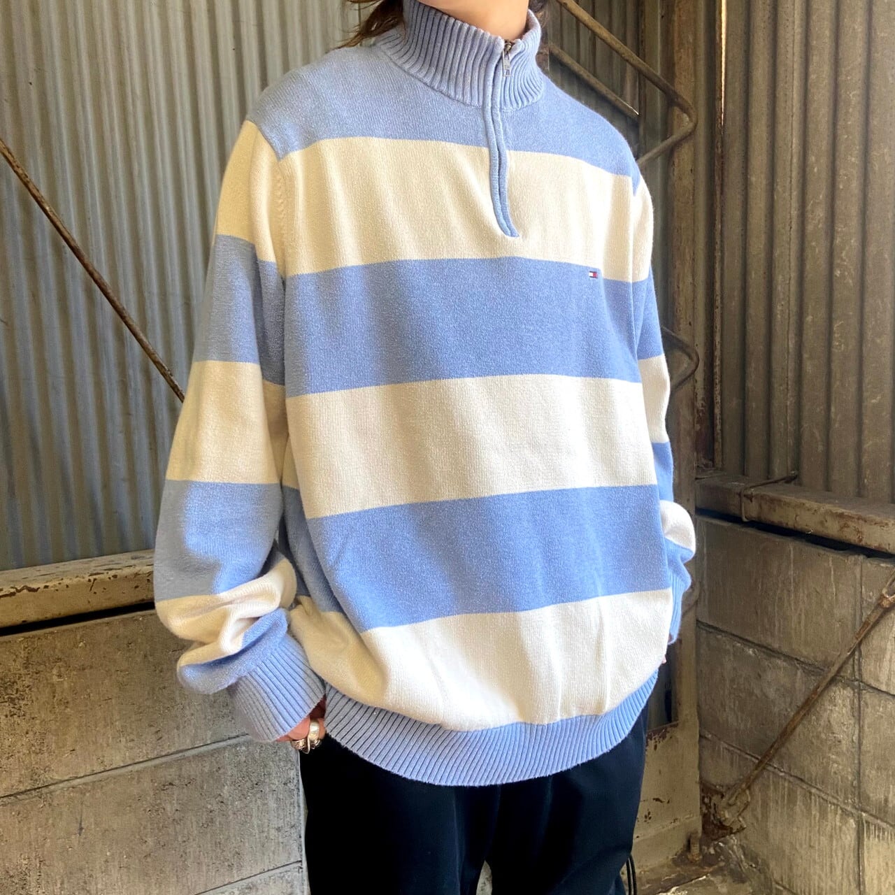 ビッグサイズ Tommy Hilfiger トミーヒルフィガー ボーダー柄 ハーフジップ コットンニットセーター メンズxxl 古着 ハイネック サックスブルー オフホワイト 水色 生成り 大きいサイズ ニットセーター All15 Cave 古着屋 公式 古着通販サイト 30 Off Sale開催中