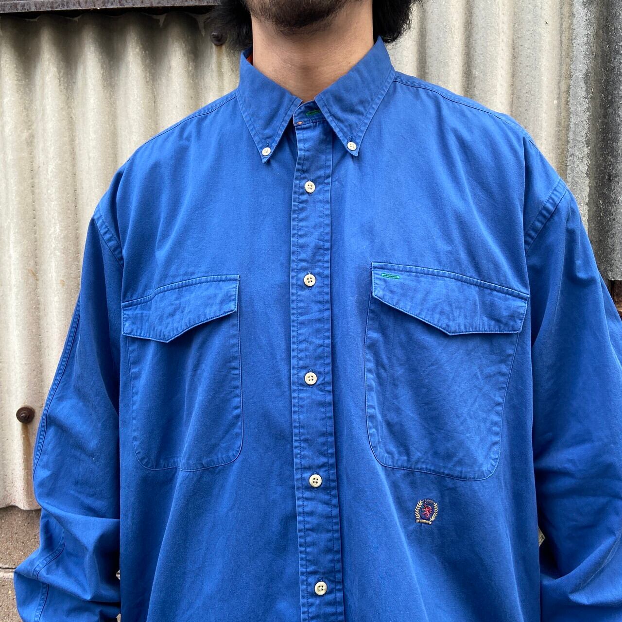 トミーヒルフィガー 90s ラガーシャツ 極厚コットン L 紺 刺繍 輸入 古着 TOMMY HILFIGER（トミー・ヒルフィガー） L/古着 長袖 ブランド ラガー
