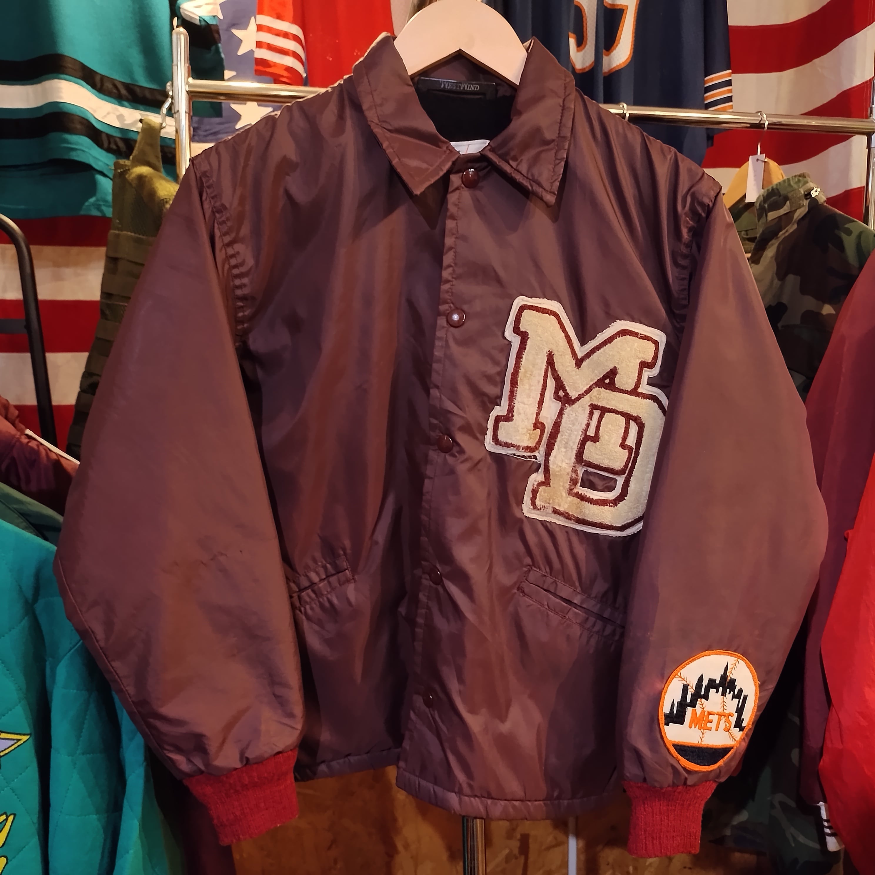 Used ナイロンジャケット◆小さめ ヴィンテージ NY Mets ワッペン コーチジャケット エンジ◆USA古着 アメリカン