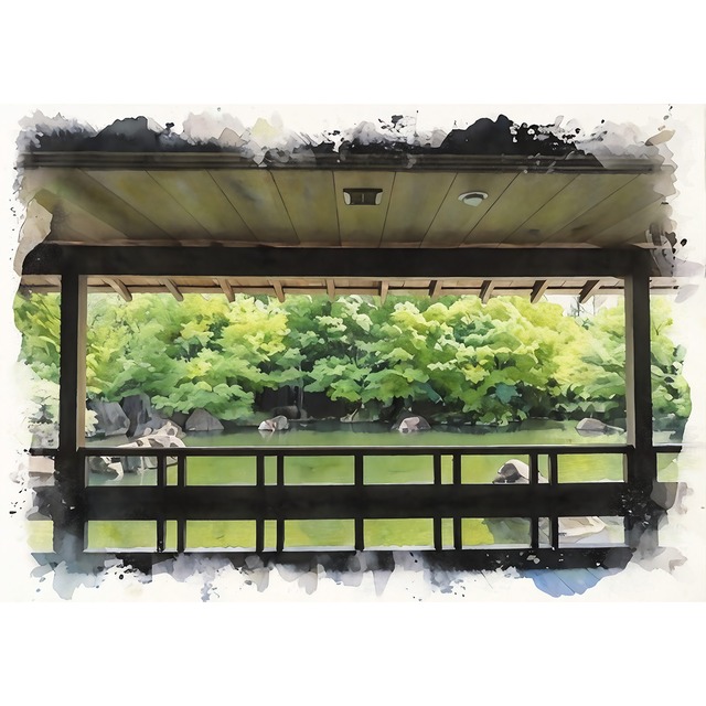 絵画 風景画(街並み) 日本 兵庫県 姫路市 好古園 インテリアアート額付き 水彩画・油絵風 WAT1561