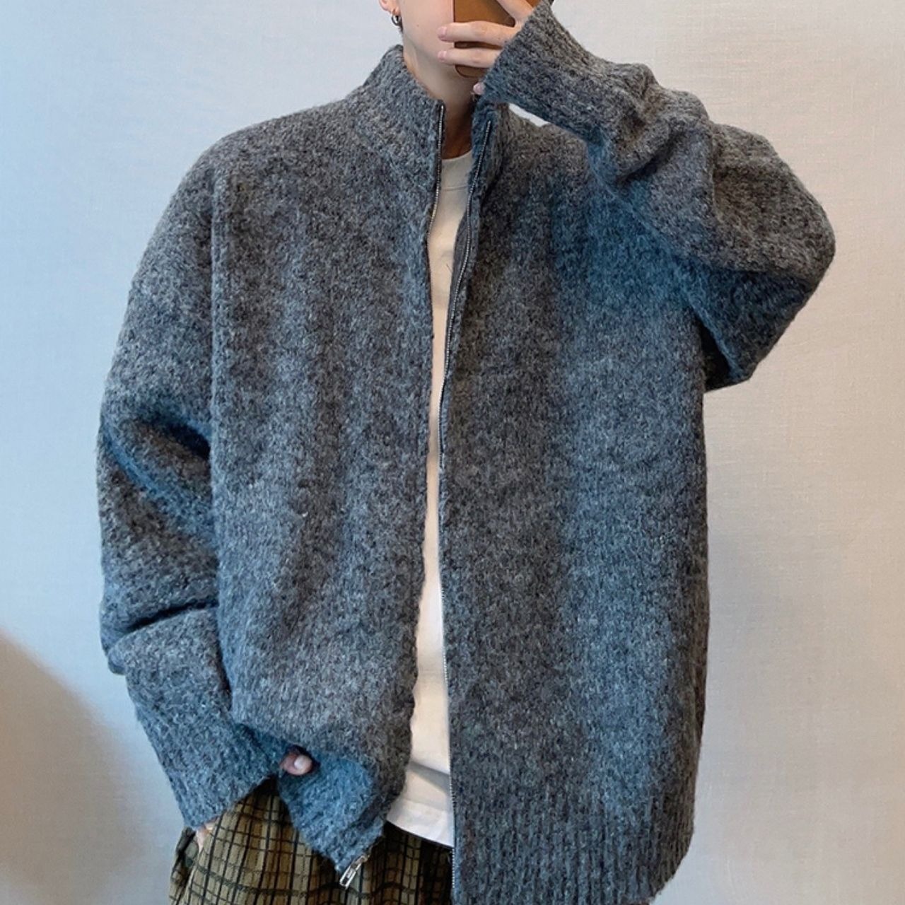 ルーズダークグレージップアップニット　1040