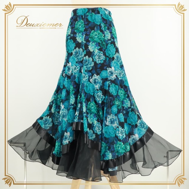 社交ダンス 衣装 ACROSS アクロス スカート レッスンウェア ブルー系 花柄 バラ柄 植物柄 薔薇 チュール 透け感 シースルー ふんわり フレア 青 水色 緑 黒 グリーン系 ブラック系 華やか 鮮やか かわいい おしゃれ 上品 大人っぽい ダンス 練習 レッスン ダンス衣装 練習着