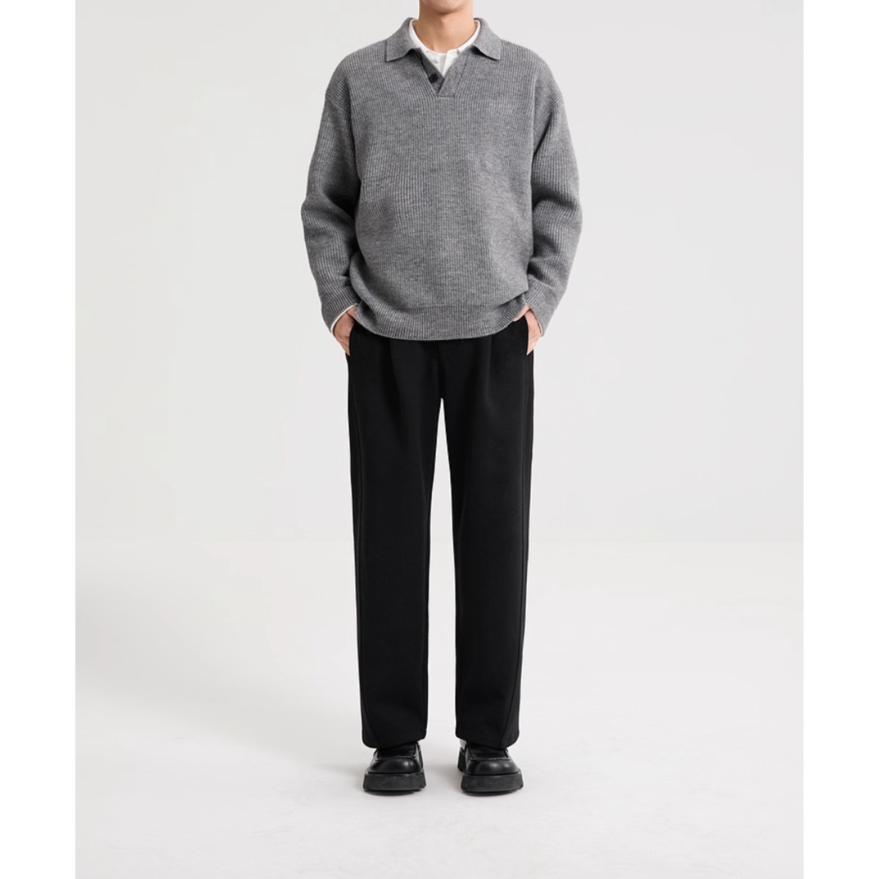 オープンカラー リブ編み長袖ニット af0399