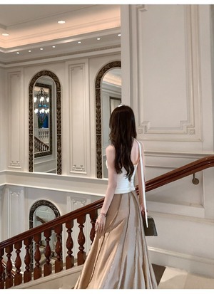 Glossy Material Pleated Flare Long Skirt【H00072】