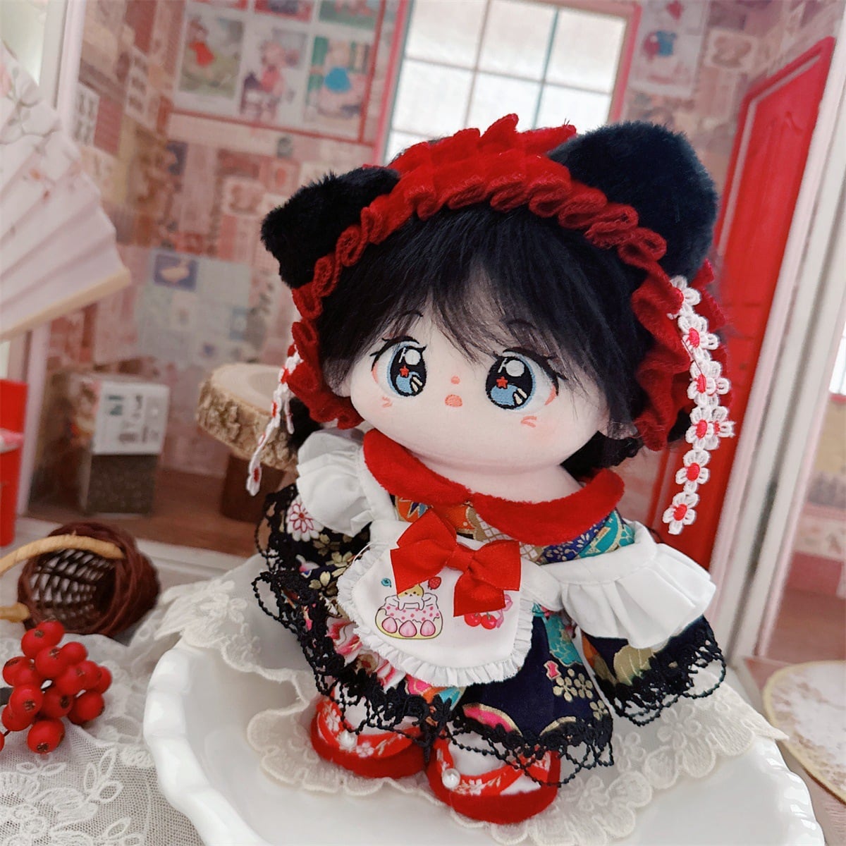 20cmぬいぐるみ用 レトロ 桜柄ワンピース+エプロン+猫耳ヘアバンド+