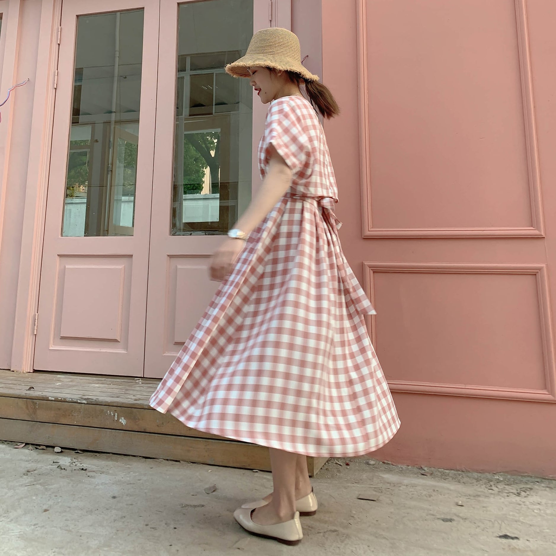 大人気❤️チェック柄ロングワンピース　春夏海レジャーに最適 春 夏 レディース ギンガムチェックワンピース トップス レトロ
