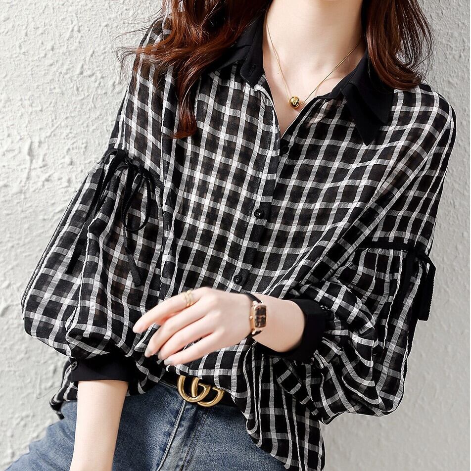 トップス レディース シャツ 長袖 ボリューム袖 Vネック 襟付き ストレート ワイド かわいい 大人可愛い カジュアル エレガント シック おしゃれ お洒落 綺麗 クール モード系 おとな ナチュラル こなれ感 ラフ キュート ルーズ 個性的 リラックス モダン 抜け感 チェック柄 格子柄 OL 通勤 学生 通学 デート お出かけ 女子会 休日 カフェ巡り 送料無料 公園デビュー S M L XL ブラック 黒 春 秋 10代 20代 30代 40代 ママ 韓国系 着回し 普段使い 体型カバー モテ