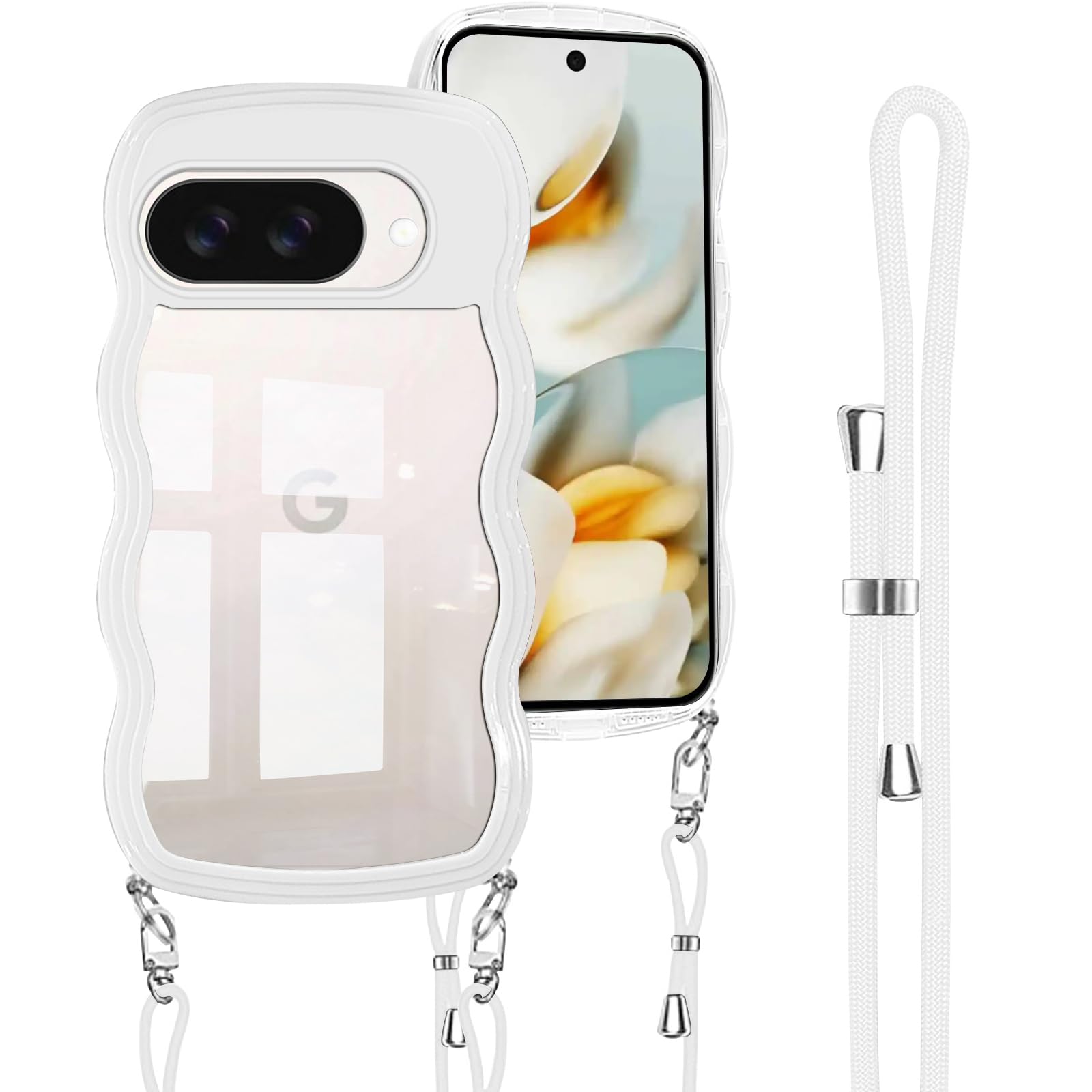 Shengkawang Google Pixel 9a 用 ケース ショルダー ストラップ 波型 ウェーブ 韓国 スマホケース ホワイト
