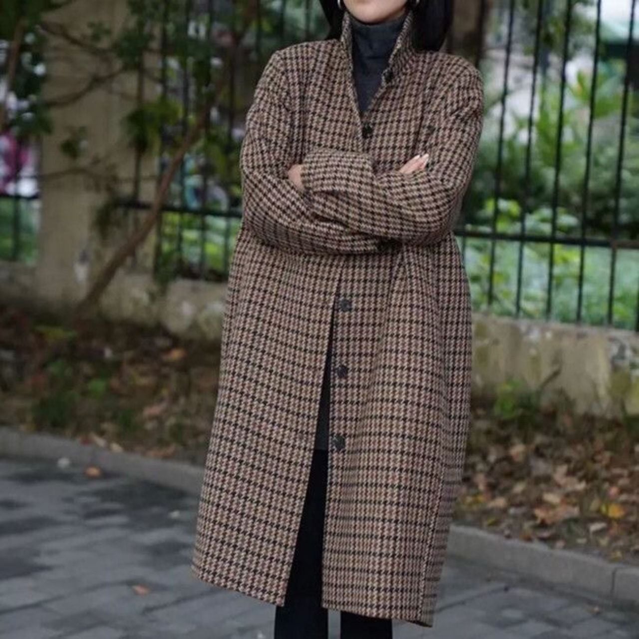 クラシックチェック柄 ツイード風 厚手ロングコート Ln00017
