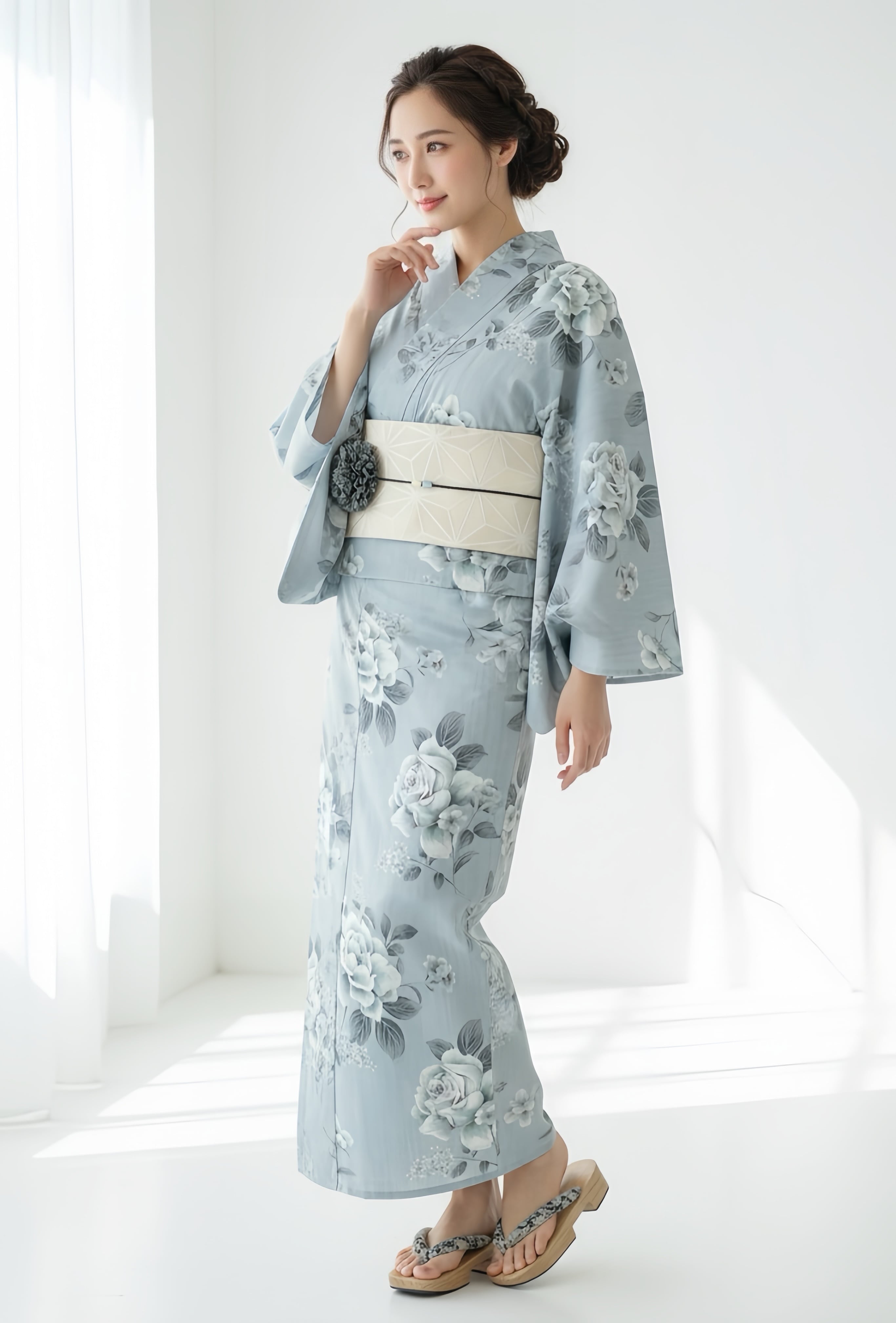 浴衣ジェンヌ 浴衣5点セット アイスブルー 薔薇 ローズ ポリエステル ゆかた 半幅帯 浴衣
