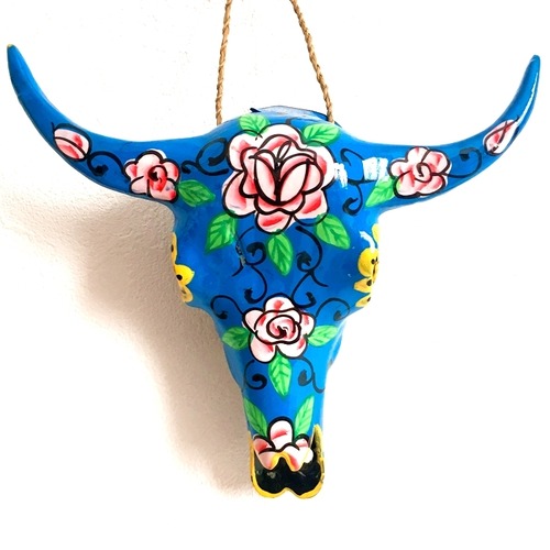 メキシカンスカル カウスカル オブジェ牛 骸骨(ブルー)【バリ直輸入】