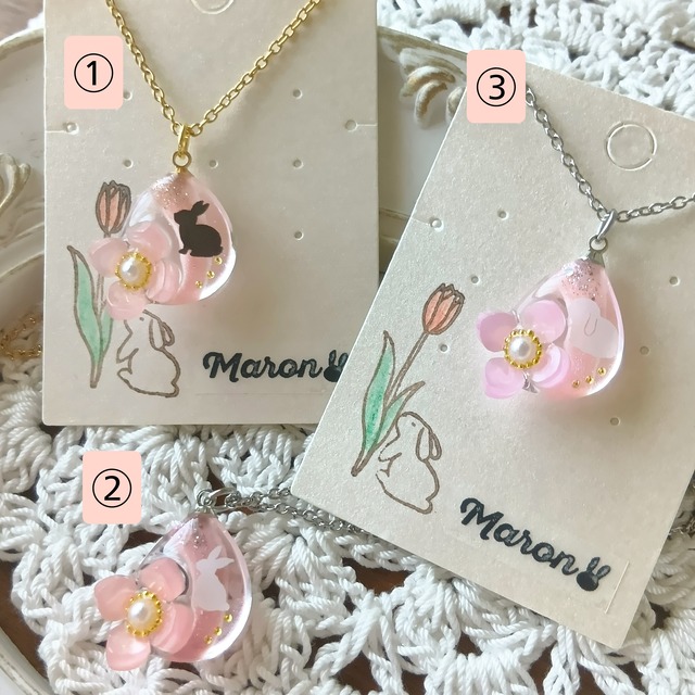 雫うさぎ・兎花ネックレス(淡ピンク)3種