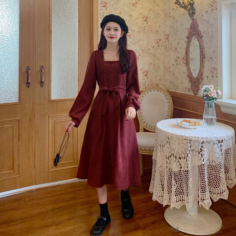 スプリング長袖スリーブドレス オータムウィンターウェストスタンダード ロング レトロ 春物 秋物 冬物 スクウェア 試着室17580192063