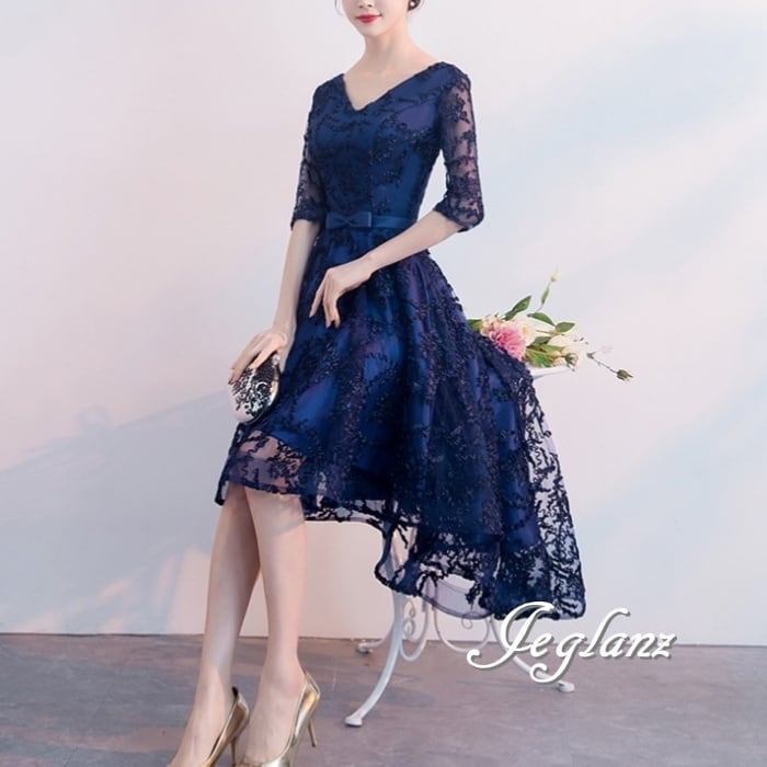 4色 パーティ ドレス フィッシュテール 透け感 7分袖 ノーマル/編み上げ(M8953)ζ