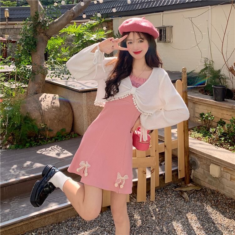 セットアップ 2点セット カーディガン ミニワンピース ノースリーブワンピース フレア Aライン リボン 大人可愛い ガーリー デート Sunrise0911