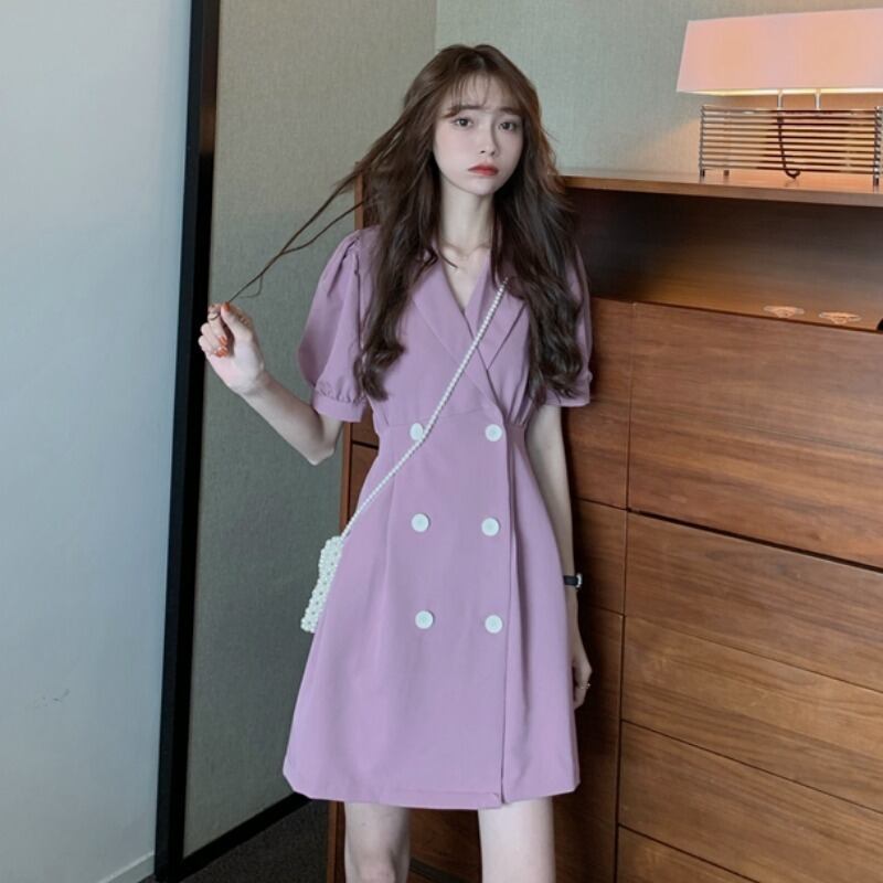 気質スーツ襟2020年夏新パープルドレス女性バージョンフレンチダブルブレストウエストAラインスカート 1号婦人36691100661
