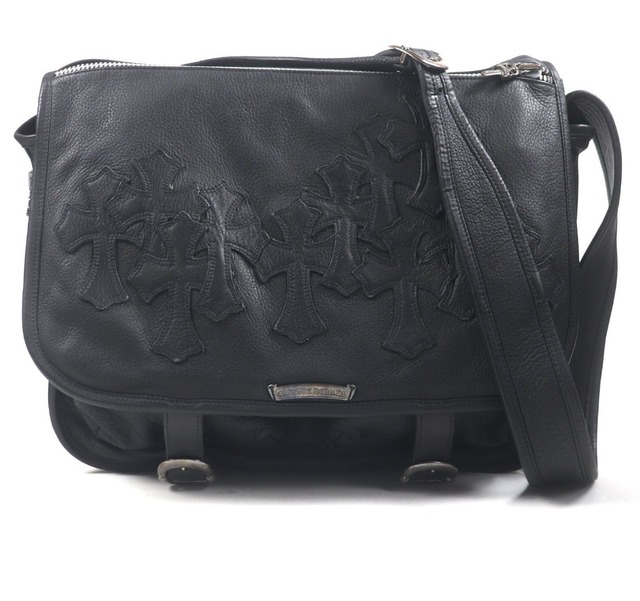 CHROME HEARTS クロムハーツ レザー セメタリークロスパッチ ラージ ソフトショルダーバッグ ブラック