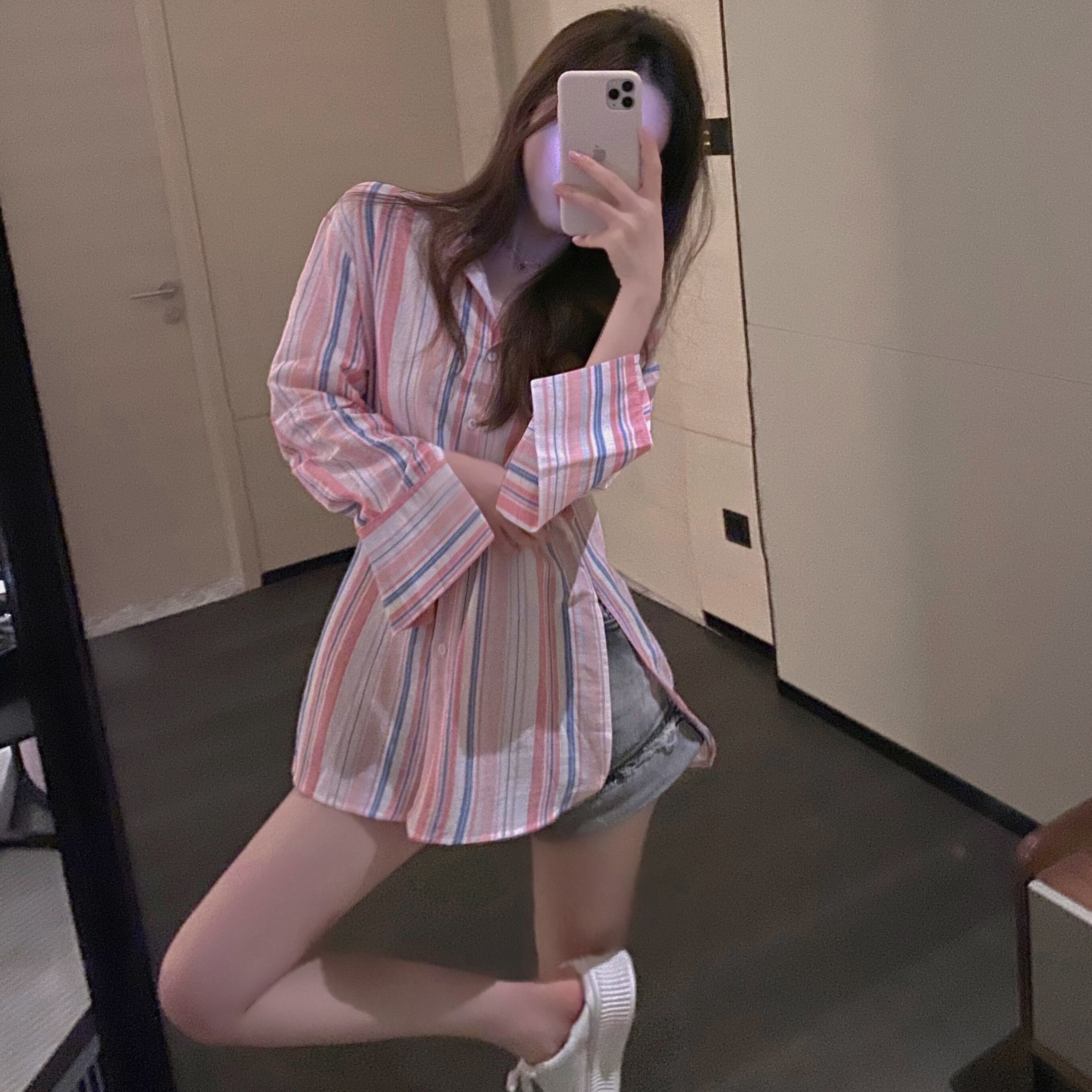 オータムスプリングシャツ ストライプレディースカジュアル薄手 ロング 春物 秋物 ドラファッションホール74419692904