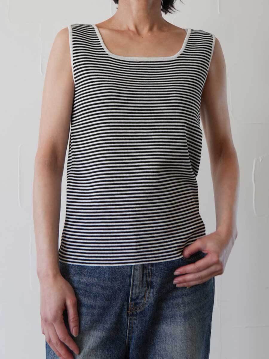 327. CLOCHE クロシェ / スクエアネックニットタンク-ボーダー柄-(オフ×ブルー/グレー/ブラック) (612-85521)